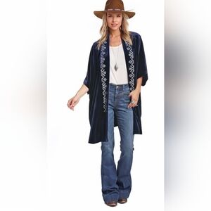 Panhandle Women's Gold Embroidered Velvet Kimono Size Large/ X Large Navy Blue